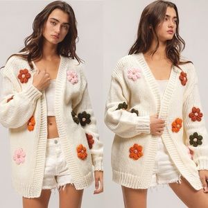 Ivory floral embroidered bishop sleeve cardigan sweater